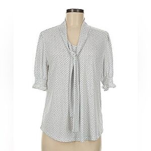 Adrianna Papell Smocked sleeve tie neck top black white geometric print LG NWT